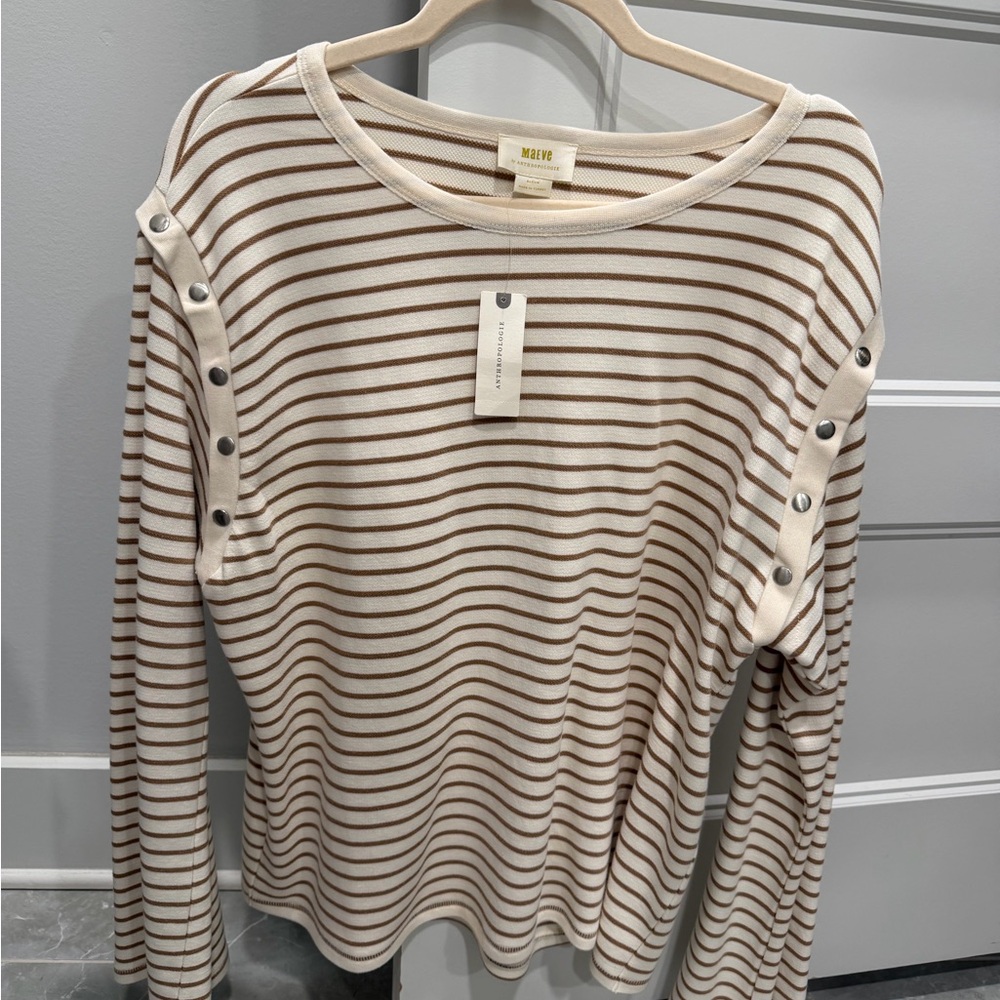 Anthropologie “Maeve” Cream and tan Striped Long-Sleeve Top